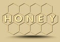 Honey banner in gold design, hexagonal honeycomb, beekeeping banner with honey inscription