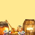 Honey banner with wooden barrel bees, honeycombs, buckwheat flowers. On a yellow background.