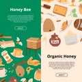 Honey of banners. Cartoon honeycomb, bee, pod, flowers, pancake, honey jar vector illustration. Brochure, poster, flyer