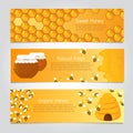 Honey banners. Cute cartoon honeybees with beehive. Vector set