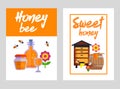 Honey banners set with honeycombs and jars full of natural flower honey vector illustration. Hives with barrels in