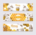 Honey banners. Vintage hand drawn bee and honeyed flower, honeycomb and hive vector labels Royalty Free Stock Photo