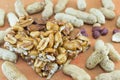 Honey bar with peanuts almonds and hazelnuts surrounded by roast Royalty Free Stock Photo