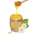 Honey barrel with honey dipper, flowers and leaves