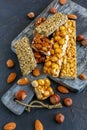 Bars with honey, nuts, peanuts and sunflower seeds. Royalty Free Stock Photo