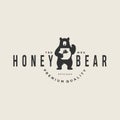 Honey bear with bee hive logo vector design illustration with a drop of honey icon mascot silhouette . retro vintage symbol emblem Royalty Free Stock Photo