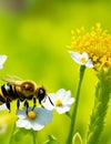 Honey bee and beautiful yellow flower, spring summer season, Wild nature landscape, banner, beauty in Nature Royalty Free Stock Photo