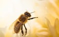 Honey Bee on bright White Yellow Peony Flower, Close Up of bee at work polinating the flower Royalty Free Stock Photo