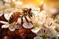 Honey bee collecting nectar from flowers of a blossoming tree, Bee collecting honey from a small flower, close-up view, detailed Royalty Free Stock Photo