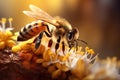 Honey bee collecting pollen from flowers. Close-up. Macro. Bee collecting honey from a small flower, close-up view, detailed body Royalty Free Stock Photo