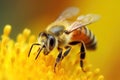 Honey bee collects pollen and nectar on flower, honeybee macro view, generative AI