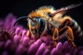 Honey bee collects pollen and nectar on flower, honeybee macro view, generative AI