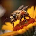 Honey bee collects pollen and nectar on flower, honeybee macro view, generative AI