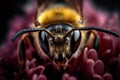 Honey bee collects pollen and nectar on flower, honeybee macro view, generative AI