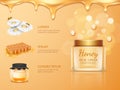 Honey bee cosmetic. Honeycomb liquid drip. Skin cream advertising banner. Skincare essence with chamomile flower and Royalty Free Stock Photo