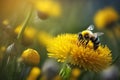 Honey bee covered collecting nectar from dandelion flower. generative AI Royalty Free Stock Photo