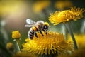 Honey bee covered collecting nectar from dandelion flower, Generative AI Royalty Free Stock Photo