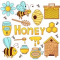 Honey bee doodle colorful icons vector set Royalty Free Stock Photo