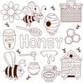 Honey bee doodle cute icons vector set Royalty Free Stock Photo