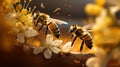 Honey bee flying and collecting pollen from blooming cherry flowers. Generative AI