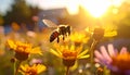 Honey Bee Flying in Golden Hour Sunlight Royalty Free Stock Photo