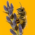 Honey bee foraging on a lavander in front of an orange backgroun