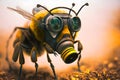 Honey bee in a gas mask. The concept of pollution of the environment flowers meadows bad ecology. Generative AI