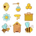 Honey bee icons cute doodle cartoon vector set Royalty Free Stock Photo