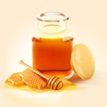 Honey bee jar with honey comb and wooden dipper Royalty Free Stock Photo