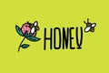 Honey bee logo on a flower with the inscription Honey. The scrawl of the drawn figure to the Bee farm. Illustration in