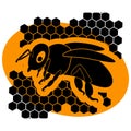 Honey bee. Honey logo with a bee and honeycomb in black color isolated on orange elipse. Modern flat design. Vector