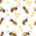 Honey bee pattern. Seamless print with winged striped insect, cute doodle apiary beekeeping elements for wrapping Royalty Free Stock Photo