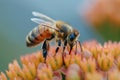 Honey bee pollenates a yellow flower