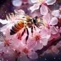 Honey bee pollinating cherry blossoms. insect flower agriculture honeybee sakura in Nature Royalty Free Stock Photo