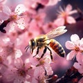 Honey bee pollinating cherry blossoms. insect flower agriculture honeybee sakura in Nature Royalty Free Stock Photo