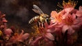 Honey bee pollinating a pink flower in the garden. 3d render Generative AI