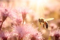 Honey bee pollinating pink flowers on sunny summer evening