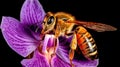 Honey bee pollinating a stunning lavender orchid flower. Generative AI