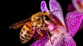 Honey bee pollinating a stunning lavender orchid flower. Generative AI