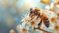 Honey bee pollinating white flowers on spring nature background. Honeybee (Apis mellifera) Generative AI