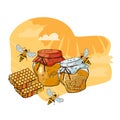 Honey and bee products emblem or label, sticker logo for food packs.