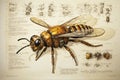 Honey bee, scientific illustration of the insect for a 19th century textbook