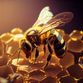 A honey bee sits on a honeycomb. Close-up shooting