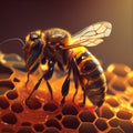 A honey bee sits on a honeycomb. Close-up shooting