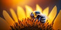 Honey bee sits on a sunflower and collects nectar. Close-up of a working insect. Seasonal background. Royalty Free Stock Photo