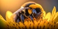 Honey bee sits on a sunflower and collects nectar. Close-up of a working insect. Seasonal background. Royalty Free Stock Photo
