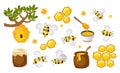 Honey and bee vector collection. honeycombs, jars with honey and bees colorful set. Vector beekeeping illustration