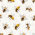 Honey bee vector seamless pattern background. Delicate hand drawn striped flying insect on floral textured backdrop