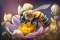 Honey bee working hard and polinating flower. Generative AI Royalty Free Stock Photo