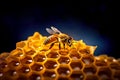 Honey bee on a yellow honeycomb, photo realistic, closeup